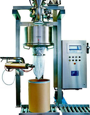 Endless-foil filling equipment with Vibro-Dos®, pneumatic clipper, balance and conveyor