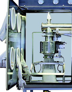 Dosier- und Abfüllsystem mit Endlos-Folie und Trenn-Schweiss-Gerät im Isolator